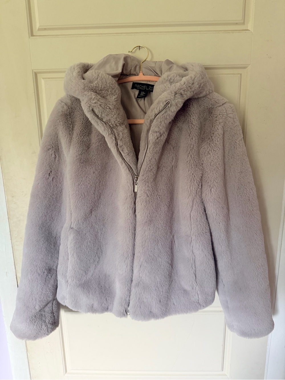 Rachel Zoe Plush Hooded Teddy Jacket in Soft Lavender Gray